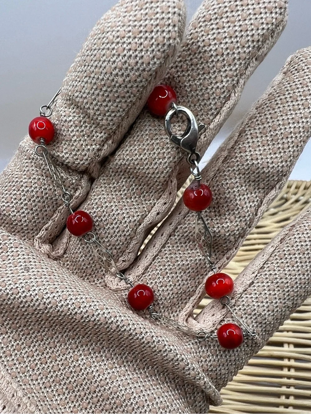 Vintage Red Beaded Silver Tone Link Chain Bracelet Bohemian Chic